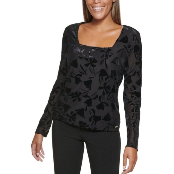 Calvin Klein Burnout Velvet Long Sleeve Square Neck Top Black Size Large NEW - Picture 1 of 8